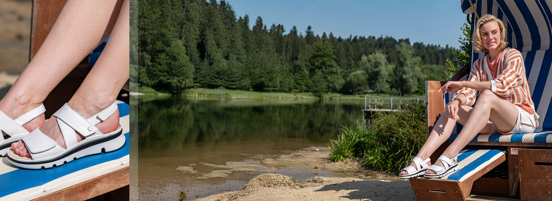 Eine Frau sitzt in einem Strandkorb und trägt offene Sommerschuhe.